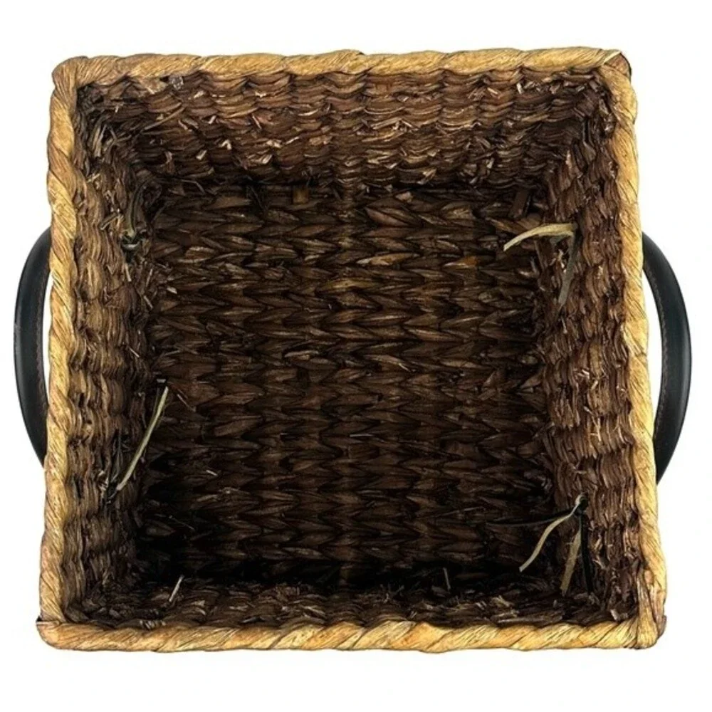 Square Brown Wicker Basket with Leather Handles 10.5” x 8.5”